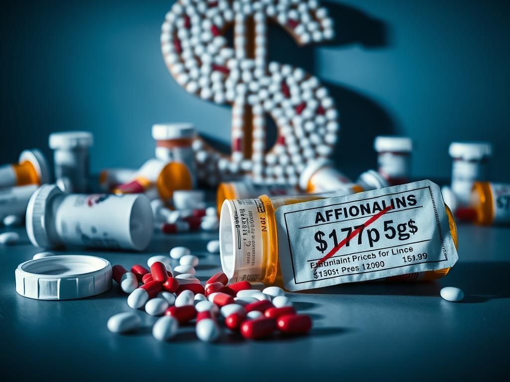 Flick International Close-up of prescription pill bottles with a dollar sign made of pills in the background