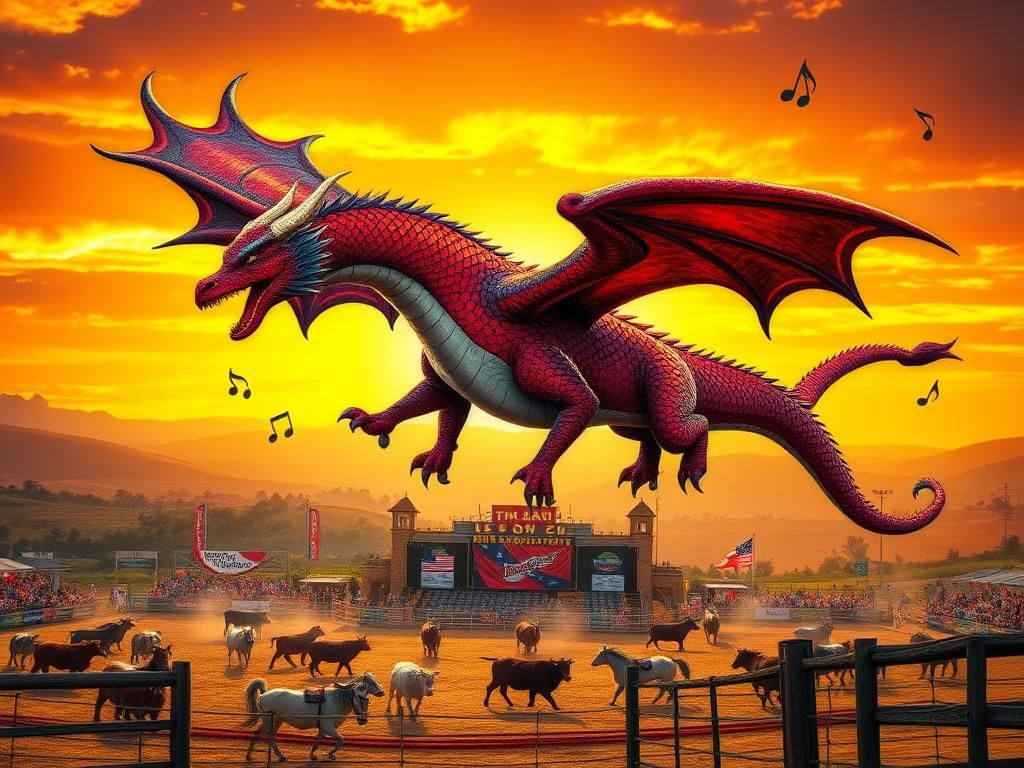 Flick International A majestic dragon soaring above a vibrant rodeo landscape symbolizing the battle against wokeness and cancel culture