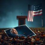 Flick International Weathered campaign poster of Joe Biden crumpled on the ground with autumn leaves