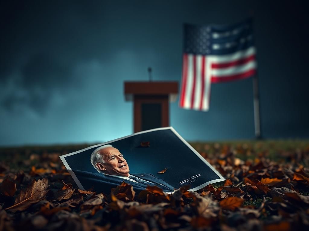 Flick International Weathered campaign poster of Joe Biden crumpled on the ground with autumn leaves