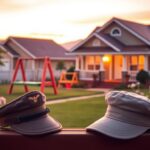 Flick International A serene landscape of a military family home at sunset, showcasing a warm palette and symbols of family.