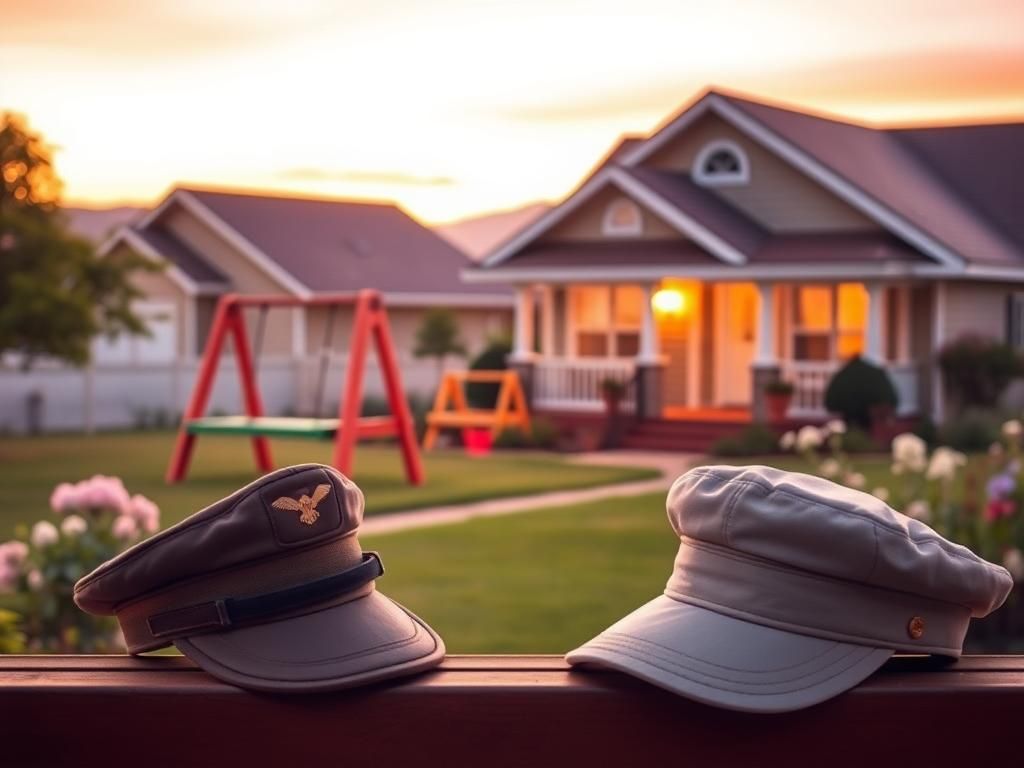Flick International A serene landscape of a military family home at sunset, showcasing a warm palette and symbols of family.