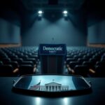 Flick International Empty podium with Democratic Party banner in a dimly lit auditorium, symbolizing political introspection
