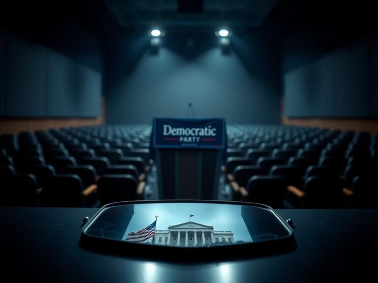 Flick International Empty podium with Democratic Party banner in a dimly lit auditorium, symbolizing political introspection