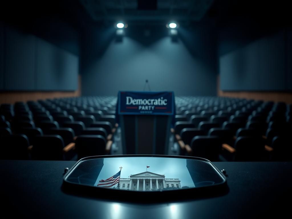 Flick International Empty podium with Democratic Party banner in a dimly lit auditorium, symbolizing political introspection