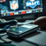 Flick International Close-up of a vintage-style mobile phone on a cluttered desk with NFL draft memorabilia