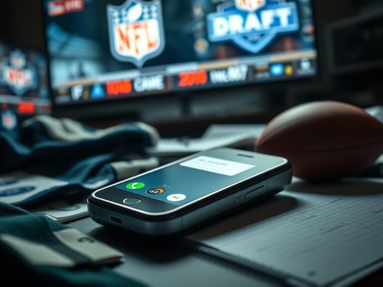 Flick International Close-up of a vintage-style mobile phone on a cluttered desk with NFL draft memorabilia