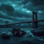 Flick International A dramatic scene of the Brooklyn Bridge at twilight with storm clouds and turbulent waters