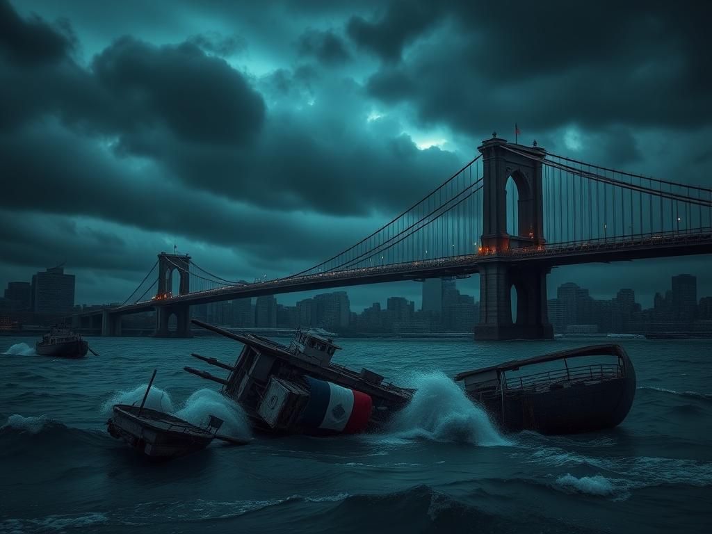 Flick International A dramatic scene of the Brooklyn Bridge at twilight with storm clouds and turbulent waters