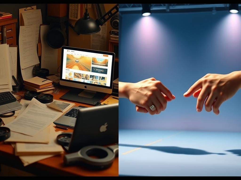 Flick International Split-screen image contrasting an independent filmmaker's workspace and a stylized Nike commercial set