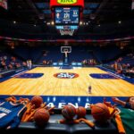Flick International Vibrant basketball arena scene at dusk showcasing WNBA logos and a lively atmosphere without people.
