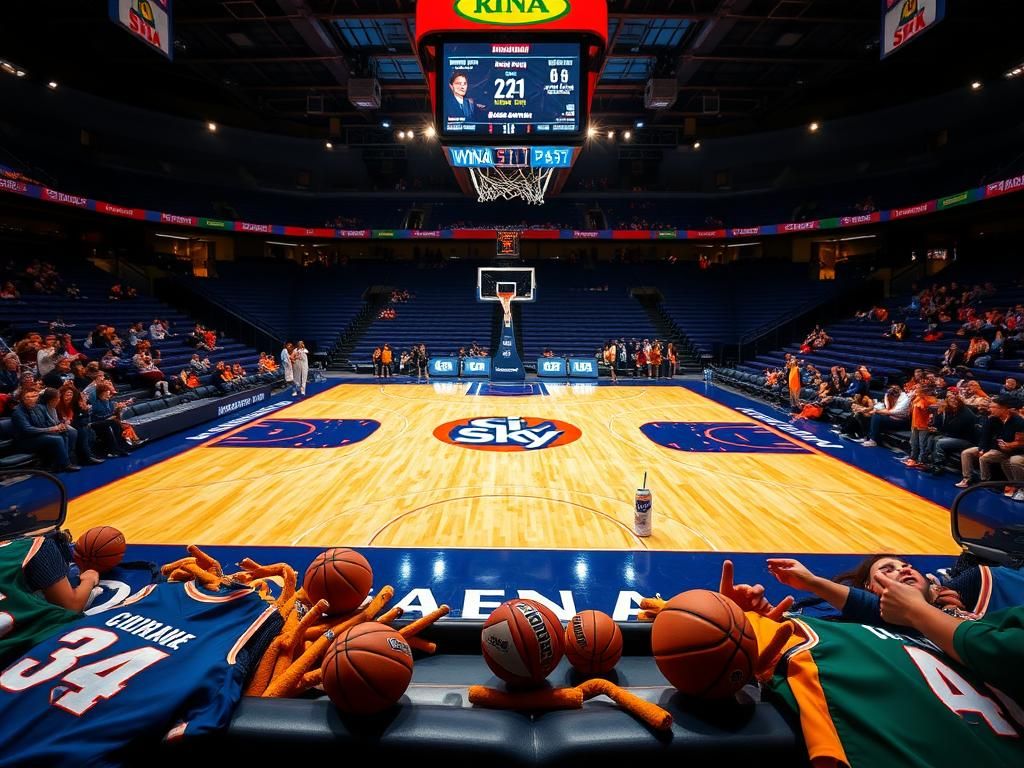 Flick International Vibrant basketball arena scene at dusk showcasing WNBA logos and a lively atmosphere without people.