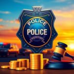 Flick International Police badge against a sunset sky with silhouettes of police vehicles, symbolizing law enforcement commitment