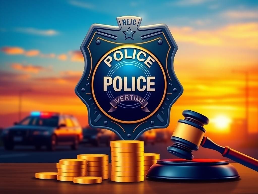 Flick International Police badge against a sunset sky with silhouettes of police vehicles, symbolizing law enforcement commitment