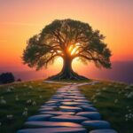 Flick International A serene landscape featuring a large, luminous tree symbolizing strength against a sunset sky
