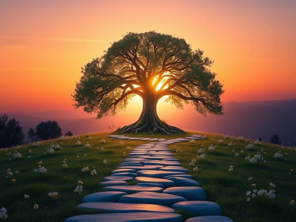 Flick International A serene landscape featuring a large, luminous tree symbolizing strength against a sunset sky