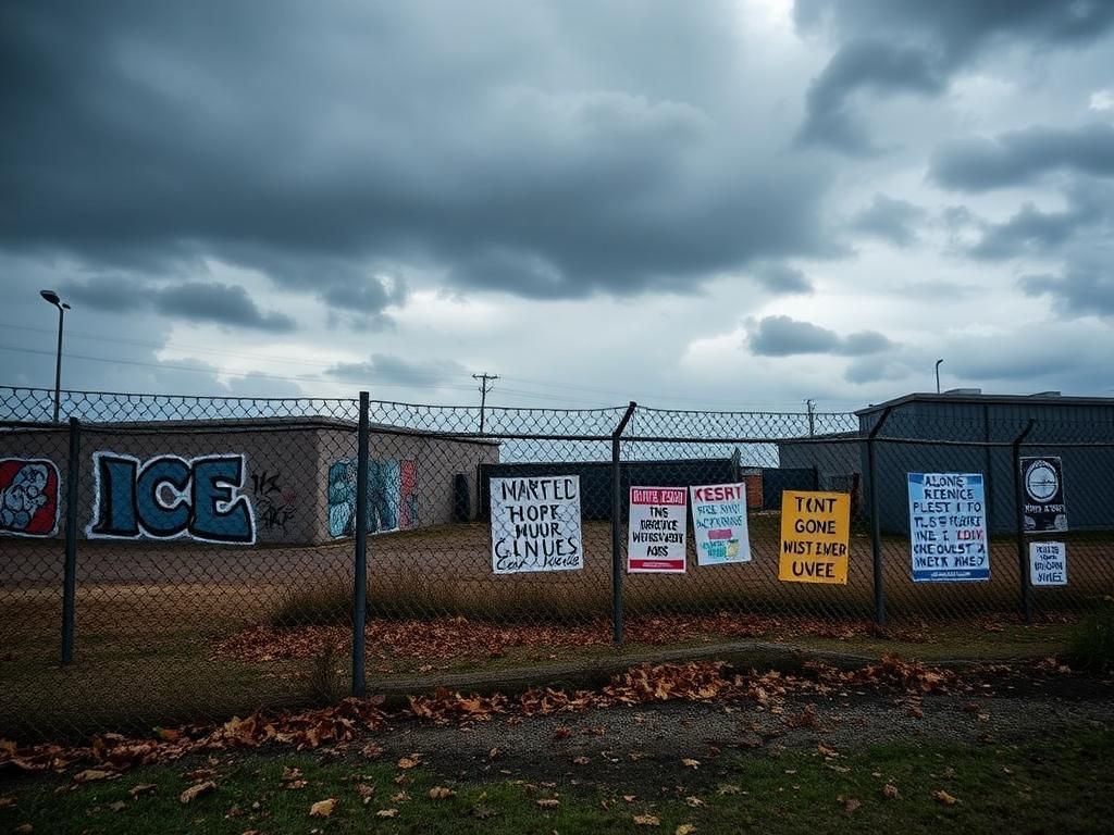 Flick International Exterior view of ICE detention facility highlighting confinement and division