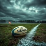 Flick International Rugby ball on the ground near a chalked white line after a contentious play