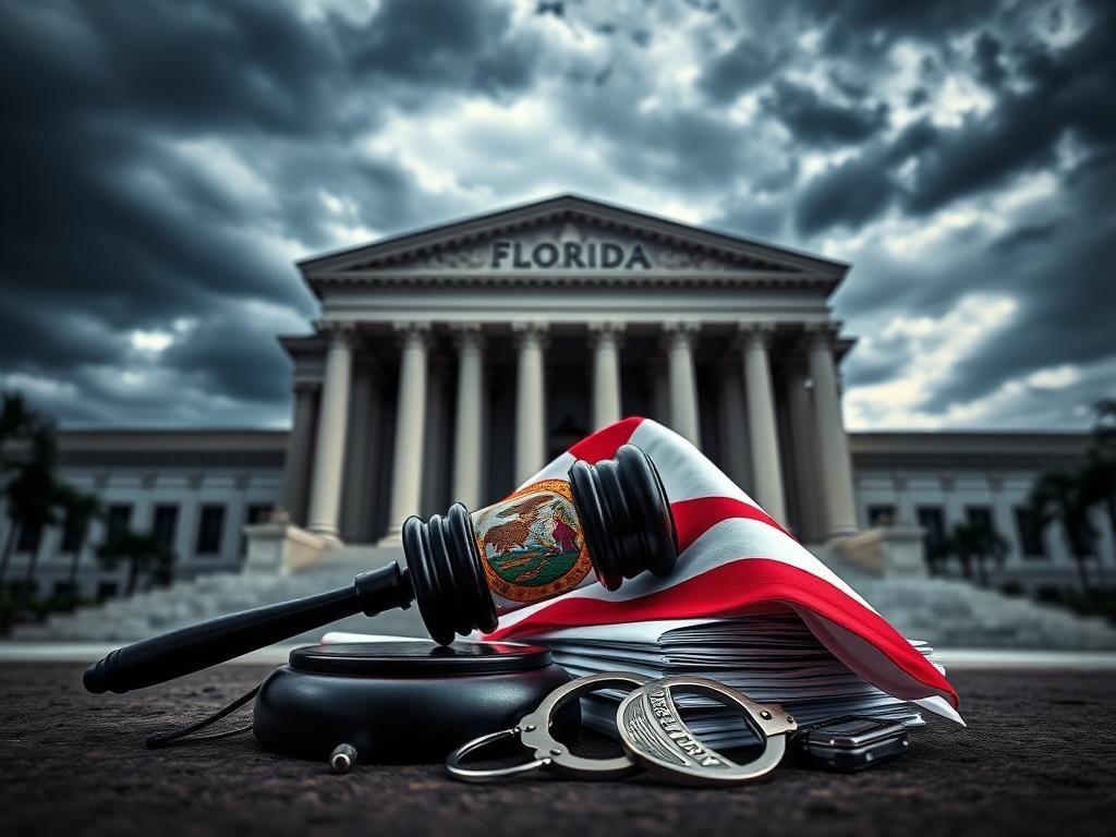 Flick International Dramatic courthouse scene symbolizing the conflict over Florida immigration law