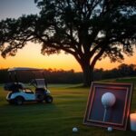 Flick International Serene golf course at dusk with an empty golf cart under an oak tree