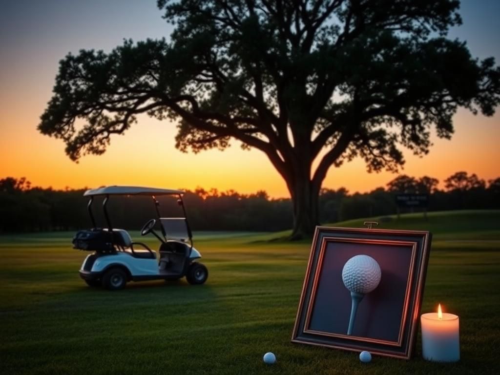Flick International Serene golf course at dusk with an empty golf cart under an oak tree