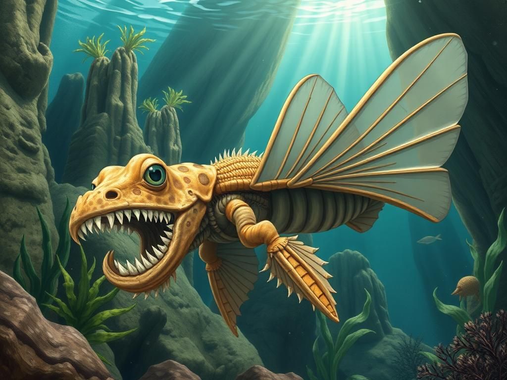 Flick International Illustration of the 506-million-year-old predator Mosura fentoni, showing its unique features like three eyes and spiny jointed claws