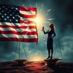 Flick International A shattered glass ceiling against a divided American flag representing the challenges women face in politics