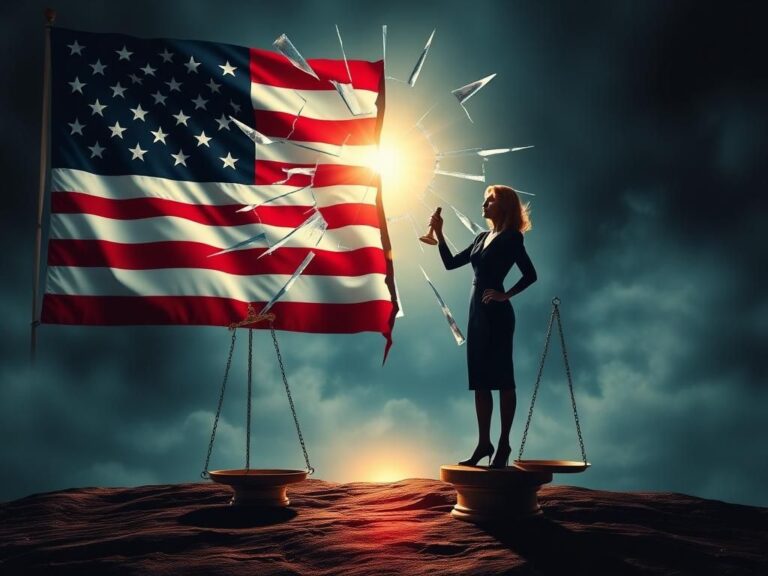 Flick International A shattered glass ceiling against a divided American flag representing the challenges women face in politics