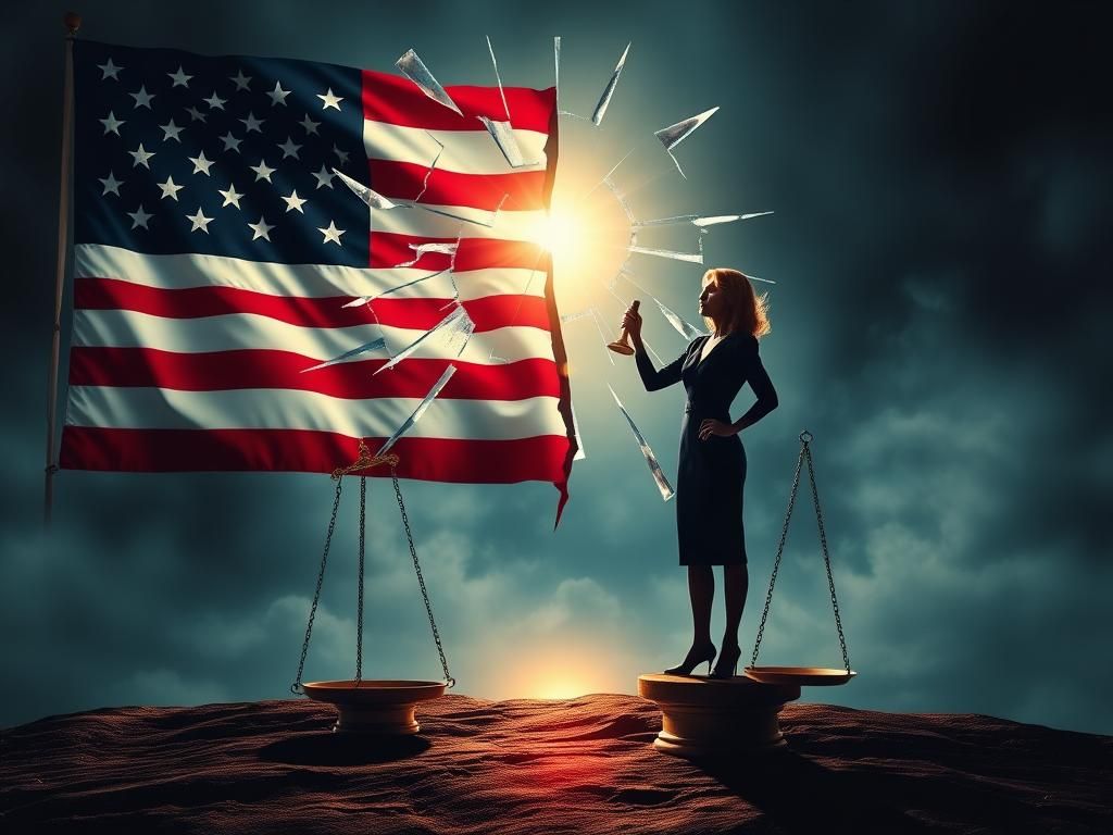 Flick International A shattered glass ceiling against a divided American flag representing the challenges women face in politics