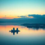 Flick International Serene landscape featuring a calm body of water reflecting dawn's hues with an abstract nuclear reactor in the foreground