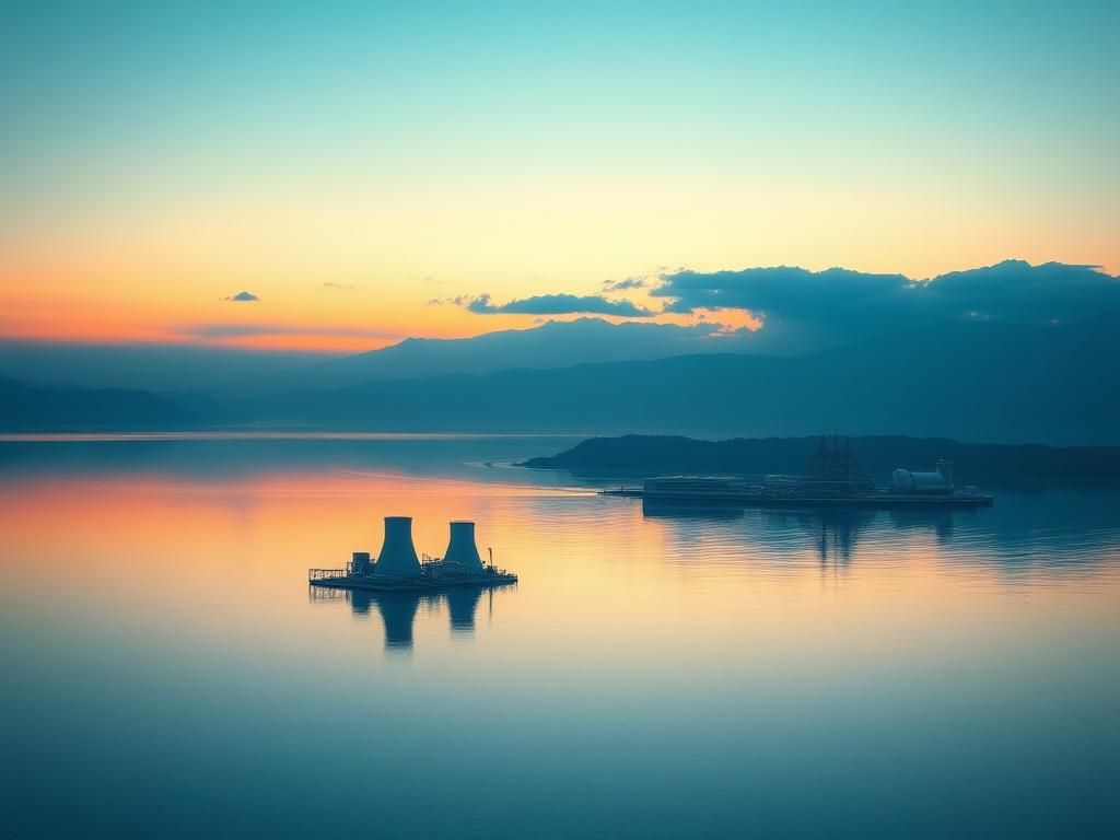 Flick International Serene landscape featuring a calm body of water reflecting dawn's hues with an abstract nuclear reactor in the foreground