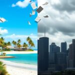 Flick International A vibrant beach scene in Florida contrasting with a gloomy New York skyline illustrating tax disparities