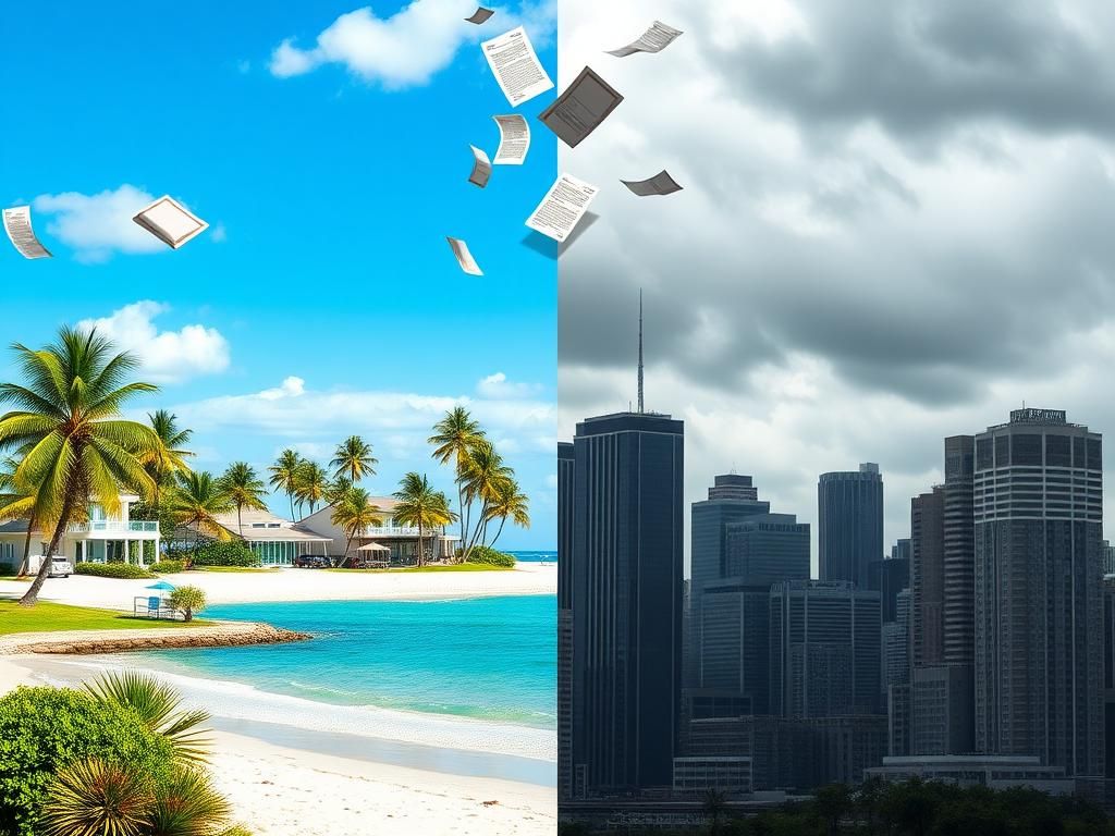 Flick International A vibrant beach scene in Florida contrasting with a gloomy New York skyline illustrating tax disparities