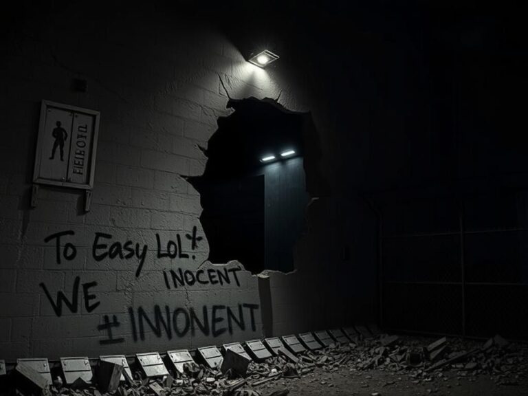Flick International Dimly lit cracked prison wall with a large escape hole