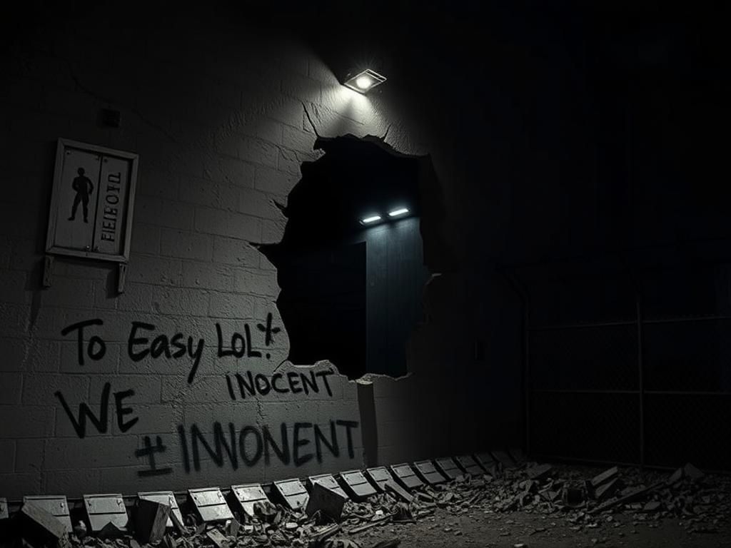 Flick International Dimly lit cracked prison wall with a large escape hole