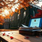 Flick International A historic, ivy-covered building at Brown University with a large wooden desk, emails displayed on a laptop, and autumn leaves in the background.