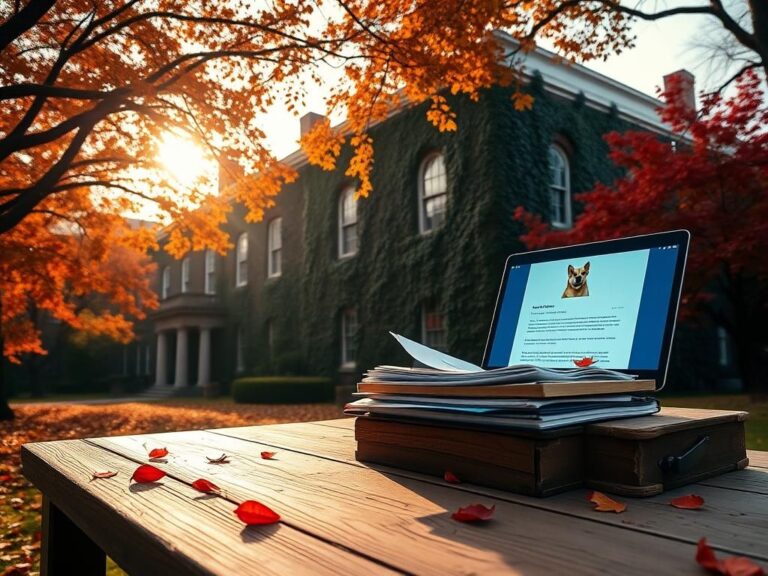 Flick International A historic, ivy-covered building at Brown University with a large wooden desk, emails displayed on a laptop, and autumn leaves in the background.