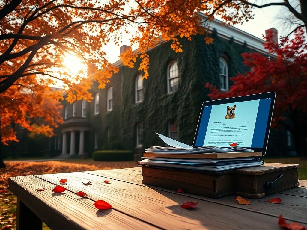 Flick International A historic, ivy-covered building at Brown University with a large wooden desk, emails displayed on a laptop, and autumn leaves in the background.
