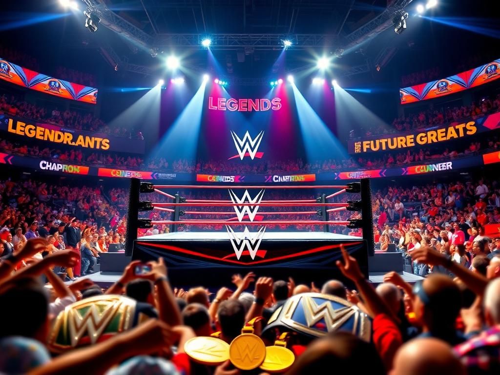 Flick International Dynamic wrestling ring with bright spotlights and WWE logo featuring excited fans