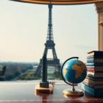 Flick International Grand diplomatic setting featuring the Eiffel Tower with luxurious desk items symbolizing real estate and diplomacy