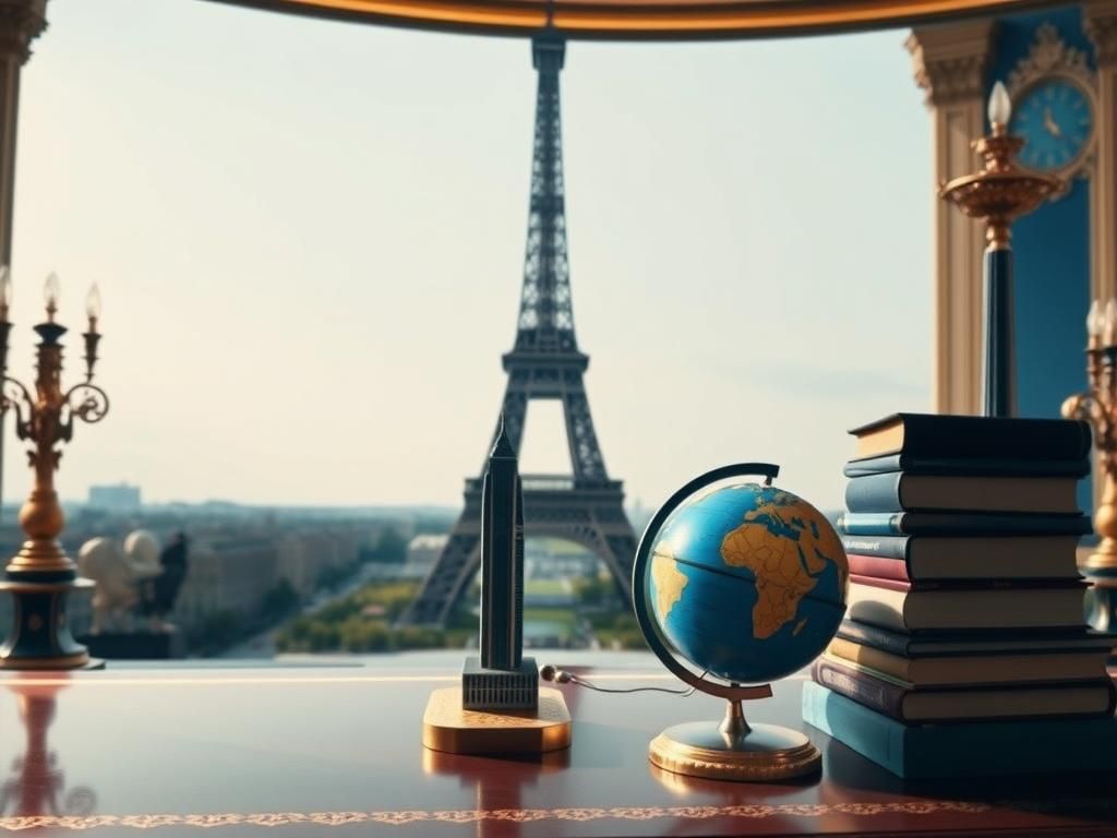 Flick International Grand diplomatic setting featuring the Eiffel Tower with luxurious desk items symbolizing real estate and diplomacy