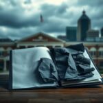 Flick International A somber scene with a partially open folder filled with crumpled papers symbolizing hidden truths about the Nashville school shooting.