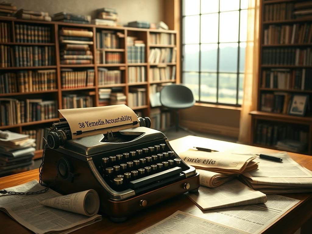 Flick International A grand old-fashioned typewriter on a wooden desk surrounded by newspapers, symbolizing the media landscape.