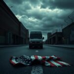 Flick International Ominous scene of an empty street under dark clouds with a crumpled American flag