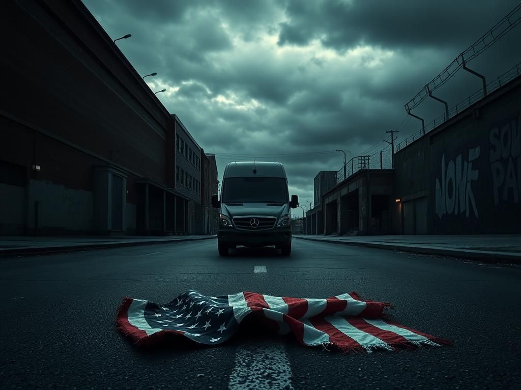Flick International Ominous scene of an empty street under dark clouds with a crumpled American flag