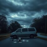 Flick International A deserted family minivan parked by a winding rural road, surrounded by dense trees, symbolizing abandonment and unease.