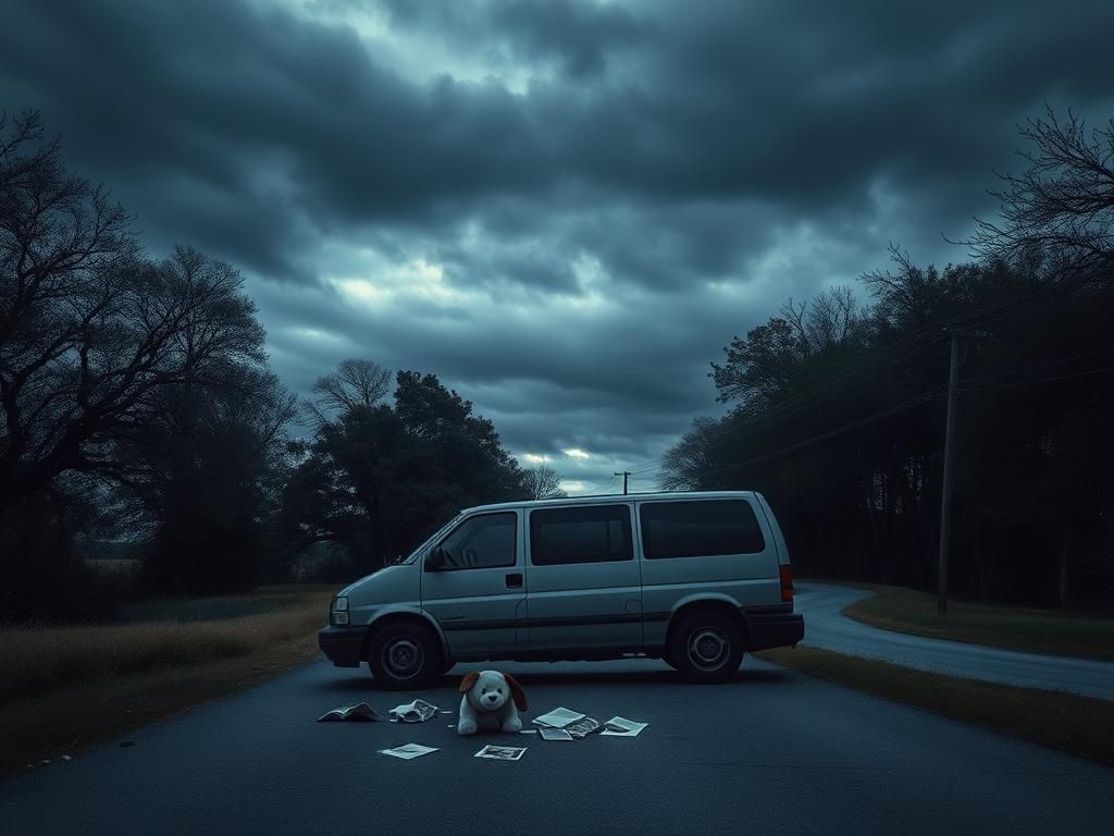 Flick International A deserted family minivan parked by a winding rural road, surrounded by dense trees, symbolizing abandonment and unease.