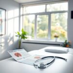Flick International Serene medical examination room with a modern table and prostate cancer awareness materials