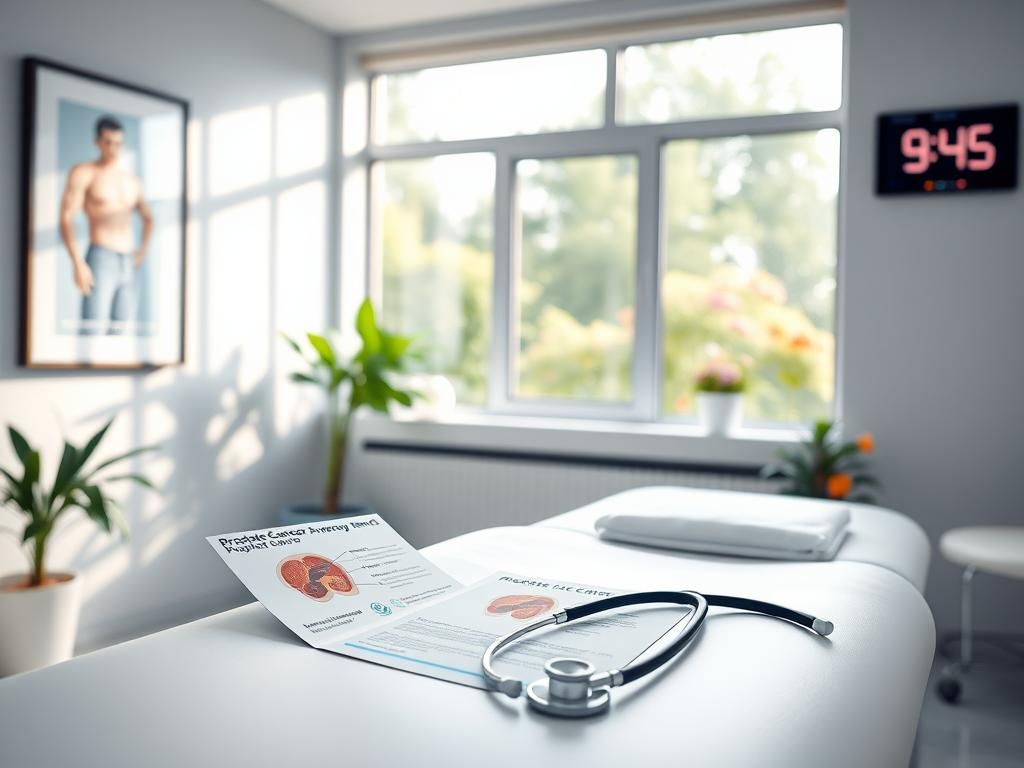 Flick International Serene medical examination room with a modern table and prostate cancer awareness materials