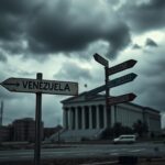 Flick International A desolate urban landscape featuring a weathered signpost indicating Venezuela amidst a shadowy courthouse backdrop.